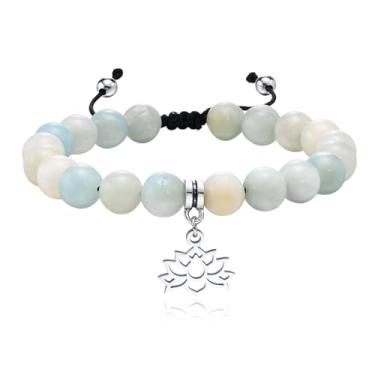 Imagem de Rockyu Pulseira feminina com contas de prata de pedra natural com pingente de lótus de aço inoxidável, hipoalergênico, elegante, presente de aniversário de Natal
