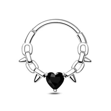 Imagem de CM Crareesi Mania Anéis de septo spike, joias de piercing de septo de aço cirúrgico 16G, brincos Daith de coração preto, argolas de nariz para mulheres, cartilagem de hélice Daith Piering Jewlery