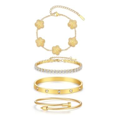 Imagem de Vpanda Conjunto de pulseiras de trevo em tom dourado para mulheres que não mancham, pulseiras empilháveis joias modernas presente para mulheres, Medium, Metal, Sem Pedra Preciosa