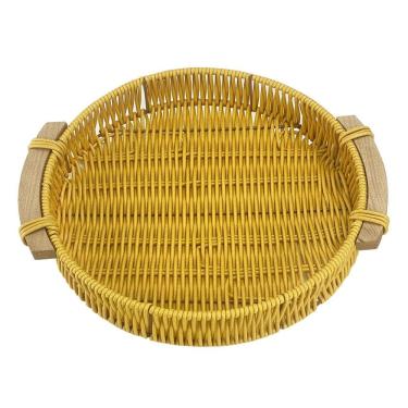 Imagem de Bandeja Trama Tipo Vime Artificial Redonda Alça De Madeira