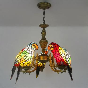 Imagem de Lustre contemporâneo de papagaio, obra de arte de luxo para sala de estar, restaurante, quarto, villa, hotel, café, bar, karaokê, clube, luminária pendente de vidro colorido com LED (5 lâmpa