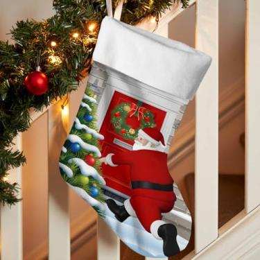 Imagem de Meia de Natal engraçada Papai Noel com guirlanda de árvore verde, meias de Natal 45,7 cm grande, decoração de inverno para casa de fazenda, decoração de Natal, meia pendurada para festa de férias em