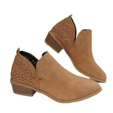 Imagem de JITUUE Botas de cano curto para mulheres, casual, recortada, salto baixo, salto grosso, perfurado, corte em V, estilo faroeste, sapatos recortados, Marrom-2, 38