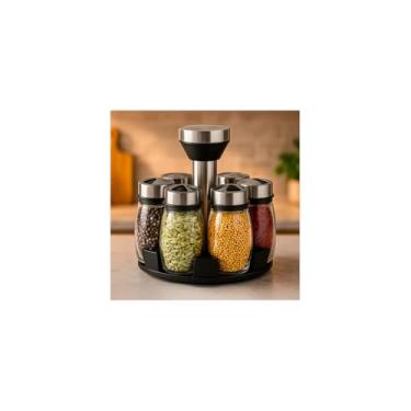 Imagem de Conjunto Porta Condimentos com Suporte Autoadesivo, 6 Potes de Plástico, Preto, 10x5x10cm, para Cozinha, Organizador de Temperos e Especiarias