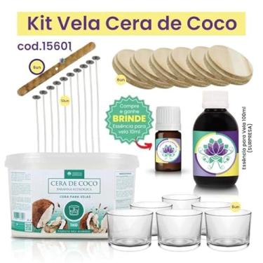 Imagem de Kit Completo para Velas Artesanais de Cera de Coco, com 6 Potes de Vidro, Pavios, Essências, Tampa de Madeira, 1kg de Cera Natural
