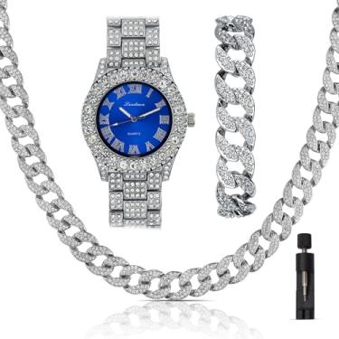 Imagem de ICEDTAG Iced Out 44 mm mostrador colorido banhado a ouro grande diamante numereral romano, corrente de colar com elos cubanos gelados, corrente de colar de 45 cm, conjunto de presente brilhante de