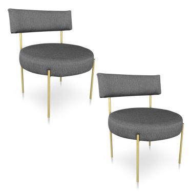 Imagem de Kit 2 Poltronas Luxo Elora Linho Grafite Pés De Ferro Dourado - Pallazio