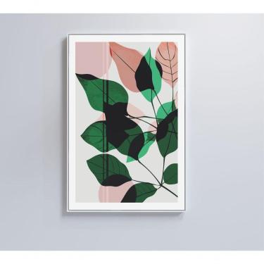 Imagem de Quadro Pintura Folhas Verdes E Rosa 40x60 Cm Vidro Impresso