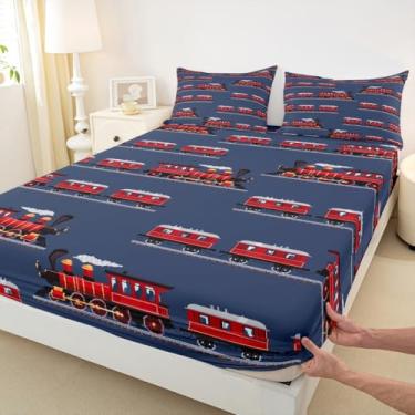 Imagem de Jogo de cama solteiro vintage de trem vermelho, 2 peças, decoração de quarto de crianças, meninas, meninos, desenho animado, moderno, azul marinho, lençol com bolso profundo, 1 fronha