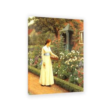 Imagem de Edmund Leighton impressão em tela rosas de verão por reproduções de pinturas famosas Edmund Leighton pôster arte de parede para sala de estar quarto decoração de parede 100 x 70 cm (83.8x71.1 cm