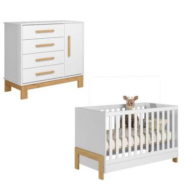 Imagem de Berço Americano 4300 Fantasia E Cômoda 4355 Q Encanto Slm Branco Acetinado – Qmovi