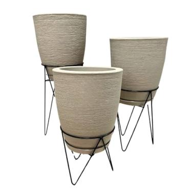 Imagem de Kit 3 Vasos Escovados Coluna Bojo Decorativos Planta Flor Jardim Sala + Suporte Tripé de Ferro (Bege)