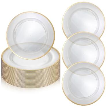 Imagem de Meyeyaia 25 placas de carregamento douradas a granel, placa de carregamento transparente de 30 cm com acabamento dourado, placas de carregamento descartáveis de plástico para jantar, casamento, festa