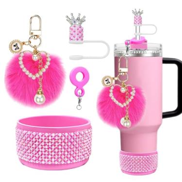 Imagem de JIASHEBDE Conjunto de acessórios de strass para Stanley Quencher H2.0 copos de 850 g/1,134 g – topo de palha de coroa, bota de silicone com strass brilhante, pingente de chaveiro pompom (rosa vermelha