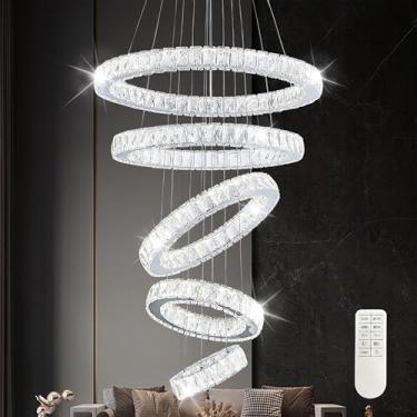 Imagem de Mccokaige Lustres de cristal de 59,9 cm com 5 anéis, lustres modernos de LED, lustres de anel contemporâneo, prata, grande, cristal, lustre de teto alto, ajustável, grande cristal, luminária para sala