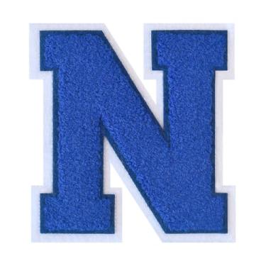 Imagem de 1 peça de patch de letra de chenille azul de 11,4 cm com borda branca – adesivos do alfabeto para roupas, jaquetas, mochilas, chapéus para decoração personalizada, nome personalizado e artesanato. (N)