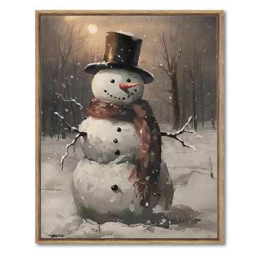 Imagem de AIMAILON Decoração de parede de boneco de neve de Natal em tela emoldurada vintage - Arte de parede de boneco de neve feliz ao anoitecer, estampas de parede de boneco de neve de Papai Noel fofo