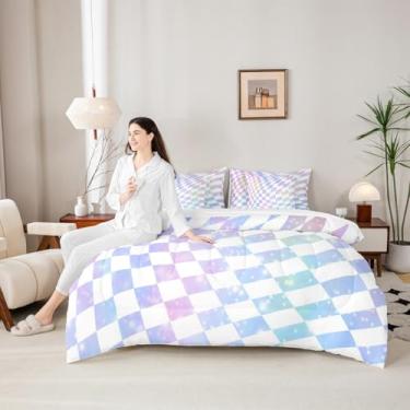 Imagem de Manfei Conjunto de edredom Queen com 7 peças, quadriculado geométrico, diamante, quadrado, decoração de quarto de crianças, meninos e meninas, cama xadrez em aquarela em uma bolsa com edredom, lençóis