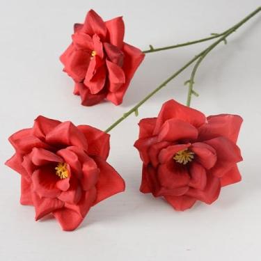Imagem de 4 peças de flores artificiais - flor de seda com hastes rosas vermelhas arranjos florais falsos para casa de banho escritório mesa central prateleira decoração de casamentos