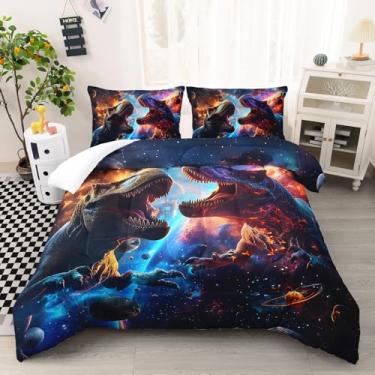 Imagem de AILONEN Conjunto de edredom Queen com estampa de dinossauro, 3 peças, galáxia, espaço sideral, selva, estampa de planeta 3D + 2 fronhas