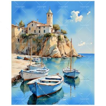 Imagem de Kit de pintura de barcos à beira-mar por números para adultos – Vila de pescadores costeiros faça você mesmo com pintura em tela 40,6 x 50,8 cm, conjunto de tinta acrílica, adequado para iniciantes