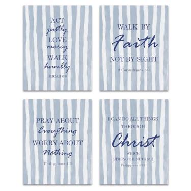 Imagem de GTYNU Conjunto de 4 pôsteres de arte de parede com versículos bíblicos azuis e brancos, presentes cristãos para mulheres e homens, decoração cristã, decoração inspiradora motivacional para sala de