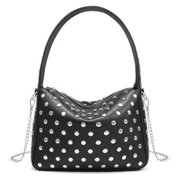 Imagem de Bolsa de ombro feminina preta cravejada Hobo bolsa de mão punk Y2K com alça de couro vegano macio bolsas urbanas de grande capacidade