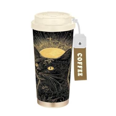 Imagem de SEHANY Caneca de viagem de gato gatinho fofo de 482 g xícaras de café reutilizáveis revestidas de cerâmica com tampa à prova de vazamento, parede dupla, isolamento a vácuo, copo de café de aço