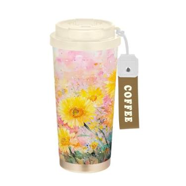 Imagem de SEHANY Caneca de viagem colorida de ervas silvestres de 500 ml Copos de café reutilizáveis revestidos de cerâmica com tampa à prova de vazamento, parede dupla, isolamento a vácuo, copo de café de aço