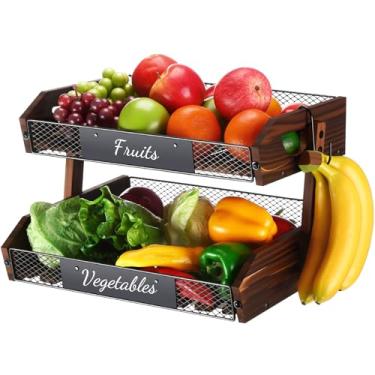 Imagem de Briwooody Cesta de frutas de 2 camadas para organizador de balcão de cozinha com cabides de banana, cesta de frutas de madeira, suporte de armazenamento para organizar cebola, batata, pão, vegetais