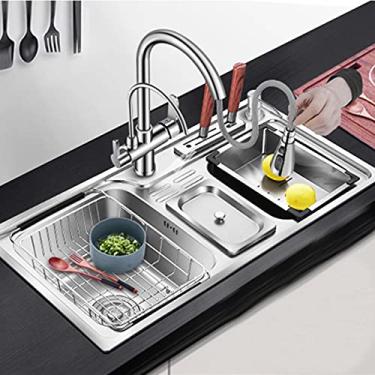 Imagem de Lava-louças de cozinha com torneira incorporada, lava-louça branco com escorredor lava-loiça grande lavatório de cozinha portátil recipiente e conjunto de ralo sobre bancada, baixo balcão ou nivelado