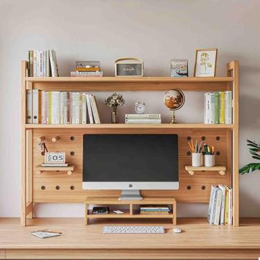 Imagem de Yadlan Organizador de mesa de madeira, estante multiuso para mesa, organizador de mesa de madeira com compartimento de grade para mesas de computador, organizador de escritório mesa