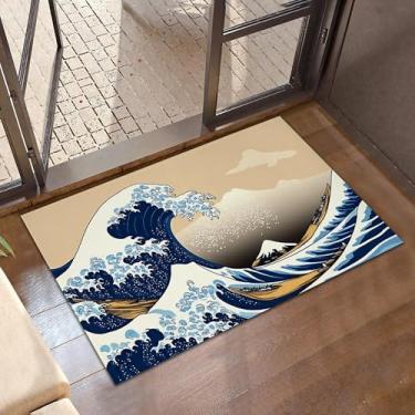 Imagem de Tapete de boas-vindas japonês com ondas do mar, tapetes vintage para entrada, tapetes antiderrapantes de perfil baixo, tapetes de varanda para porta da frente, escada, tapete de sala de estar, 76 x 43