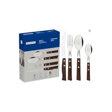 Imagem de Conjunto 24 Peças Talheres Cabo Tipo Madeira, Aço Inox, 6 Garfos, 6 Facas Churrasco, 6 Colheres Mesa, 6 Colheres Sobremesa