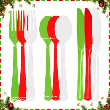 Imagem de 153 peças de talheres de plástico de Natal, conjuntos de talheres descartáveis resistentes, inclui colheres, garfos, facas para artigos de festa de Natal (vermelho, verde brilhante, branco)
