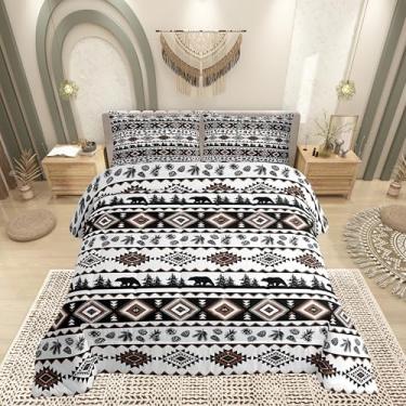 Imagem de Jogo de cama queen com estampa asteca ocidental, geométrico, marrom, listrado, super macio, para adultos, adolescentes, urso, exótico, boêmio, arte abstrata, 2 fronhas