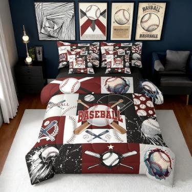 Imagem de Erosebridal Jogo de cama queen com taco de beisebol, 7 peças, para meninos, beisebol, esportes, edredom e lençol, estilo patchwork, softball, decoração de quarto de jogos