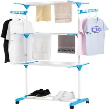 Imagem de Varal retratil para roupas com tres andares, pratico e compacto, branco.