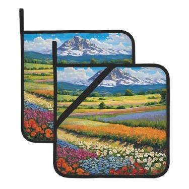 Imagem de Conjunto de tapete quadrado resistente ao calor com flores coloridas estilo abstrato, 2 peças antiderrapantes com alças para pendurar, para balcão de cozinha e proteção de mesa de jantar.