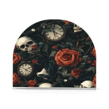 Imagem de xigua Suporte de guardanapo de caveira de rosas para mesas, porta-guardanapos de papel de placa acrílica elegante, dispensador de papel de seda independente moderno para sala de jantar, sala de estar