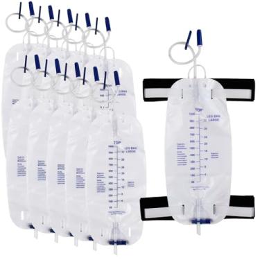 Imagem de ZXMOBY Kit de bolsa de perna de cateter, pacote com 10 bolsas de drenagem urinária, 2 alças largas reforçadas, válvula anti-refluxo de 963 g com tubo de 45,7 cm, ajuste universal para homens e