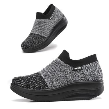 Imagem de Oude Mocassins plataforma para mulheres confortáveis | Tênis feminino sem cadarço leve | Sapatos femininos de caminhada que trabalham longas horas | Parte inferior grossa de balanço, Preto e cinza