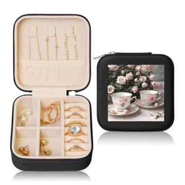 Imagem de Xícaras de chá com rosas românticas com estampa gasta caixa de joias quadrada estojo de armazenamento portátil para anéis femininos brincos colares