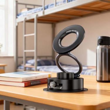 Imagem de Suporte de telefone com ventosa magnética a vácuo de 360° – Suporte de carro ajustável dobrável e retrátil para telefones para painel de carro, para-brisa, mesa e todos os smartphones (preto)