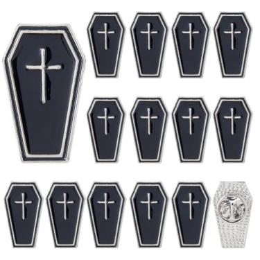 Imagem de SUPERFINDINGS Conjunto de 16 peças de alfinetes de lapela punk estilo punk liga esmaltada broche de lapela preto cruz caixão crachá gotejamento pintado a óleo design esmalte para mochila e roupas 4,5