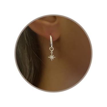 Imagem de Annika Bella Brincos de argola Huggie, delicados Huggies com pingente pendurado, argolas pequenas com pingentes, brincos hipoalergênicos de ouro ou prata sem manchas para mulheres, presente para ela