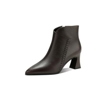 Imagem de TinaCus Botas femininas de couro legítimo com zíper, design de costura artesanal, bico fino, salto empilhado, botas curtas, Marrom, 38
