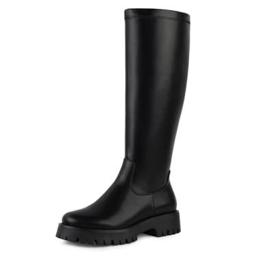 Imagem de FancyQueen Botas de cano alto femininas – plataforma grossa bico redondo botas altas com zíper lateral, Preto, 43