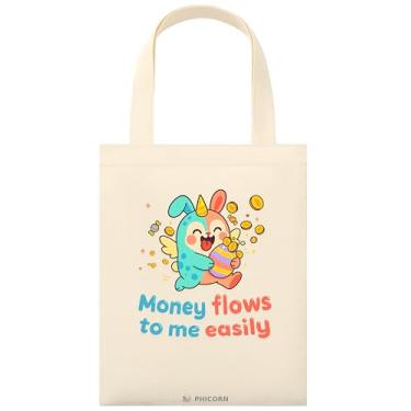Imagem de Phicorn Sacolas pequenas de algodão, 23 cm x 28 cm, sacolas de lona reutilizáveis lisas e impressas para artesanato DIY, uso diário e presentes de férias (coelho unicórnio impresso - dinheiro flui