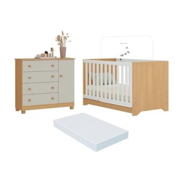 Imagem de Berço Americano 3 em 1 com Colchão Incluso e Cômoda 1 Porta 4 Gavetas Allegra Multimóveis Mp4696 Madeirado/off White
